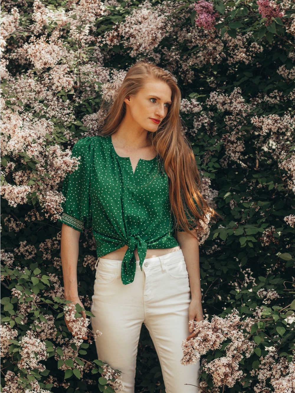 Bobeau Green Polka Dot Blouse